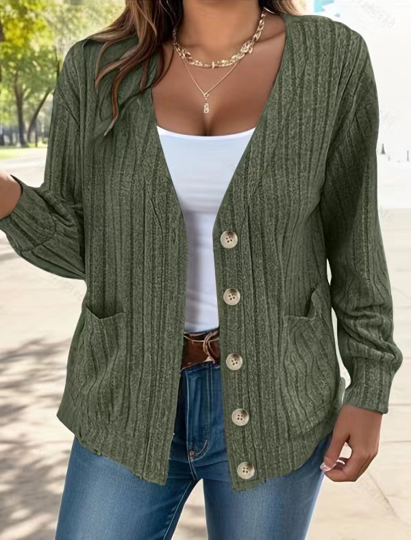 Women's relaxed fit ribbed knit cardigan with pockets, cozy everyday essential in neutral tones