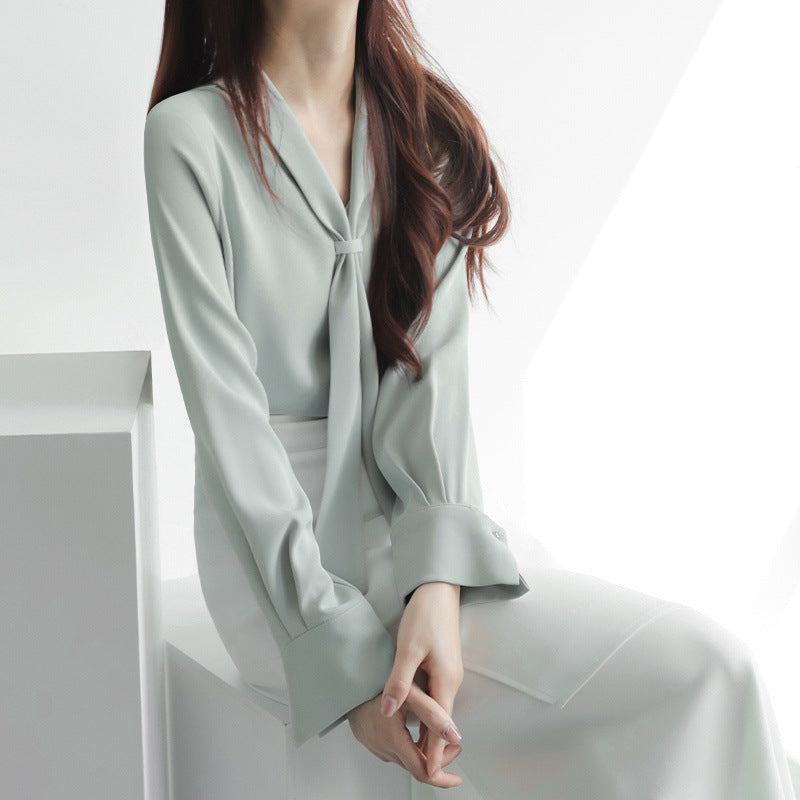 Women's chiffon blouse elegant tie-neck bow draped V-cut lightweight flowy formal top