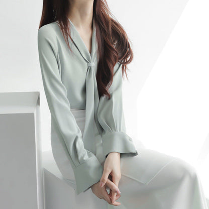 Women's chiffon blouse elegant tie-neck bow draped V-cut lightweight flowy formal top