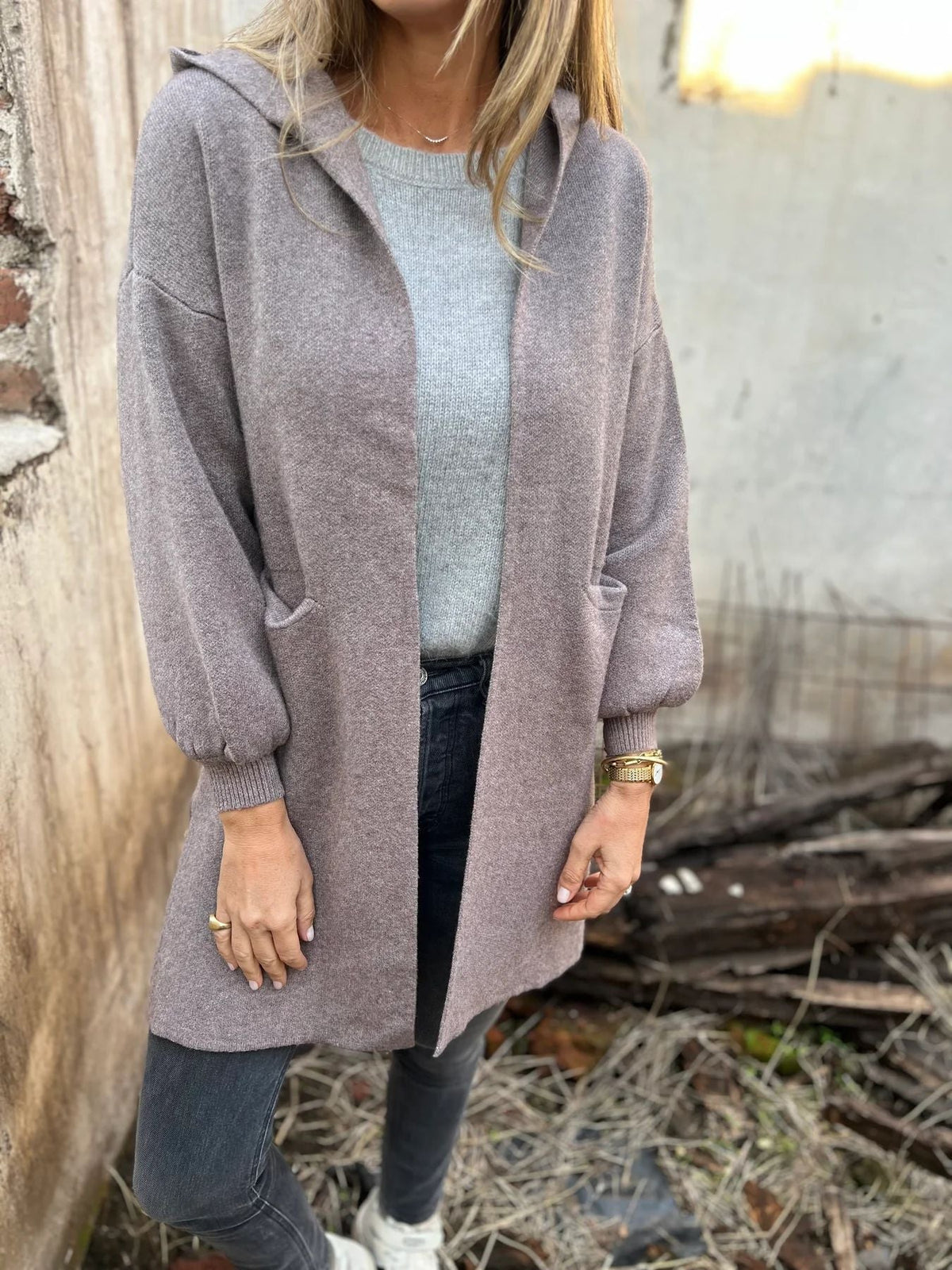Beige hooded knit cardigan open-front relaxed fit with ribbed cuffs for effortless layering