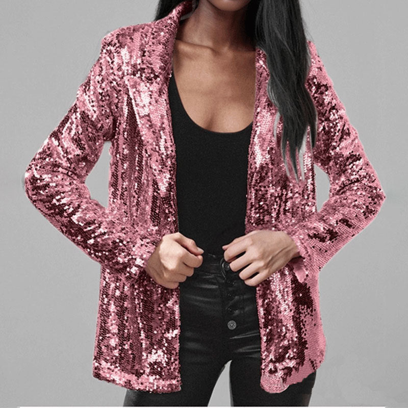 Women's silver sequin blazer tailored open-front long sleeve evening wear with subtle shimmering finish