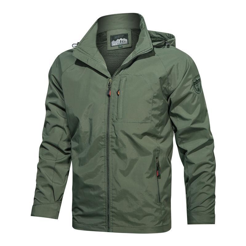 Men's hooded windproof jacket relaxed fit water-resistant shell with zipper pockets for outdoor wear