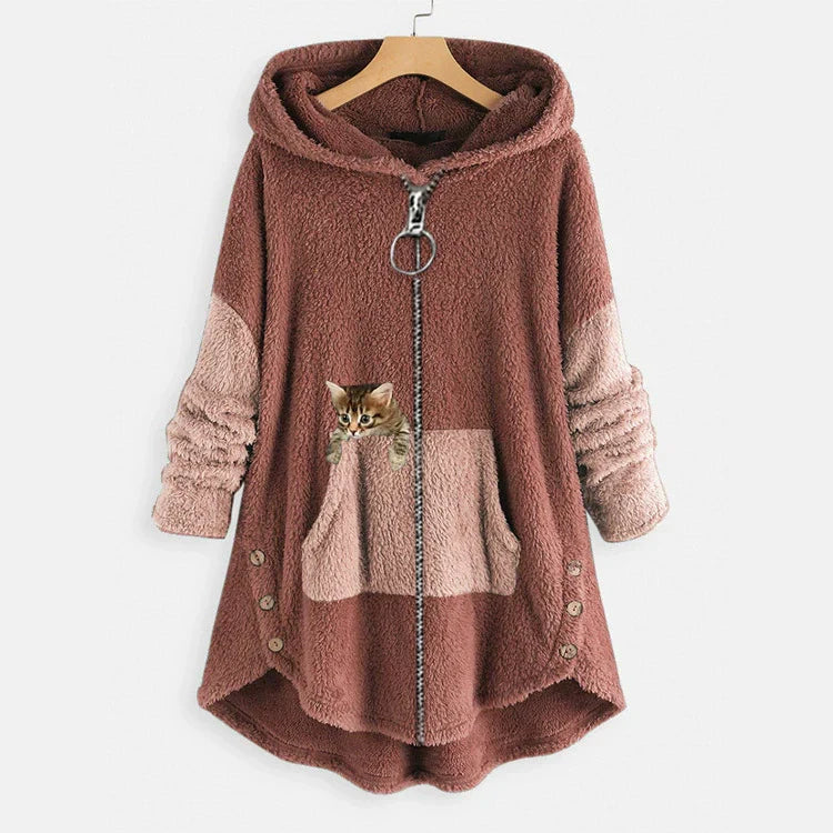Women's oversized plush fleece long hooded jacket in neutral tone with whimsical cat pocket detail
