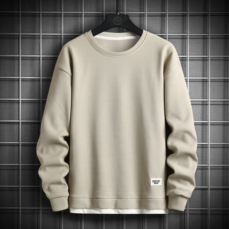 Men's waffle knit crewneck sweatshirt relaxed fit long sleeve with ribbed cuffs casual fall top