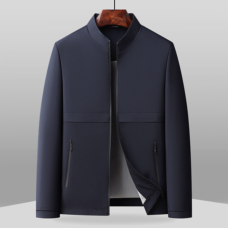 Men's regular fit jacket with band collar, full zip, zipper pockets, hip length, casual contemporary style