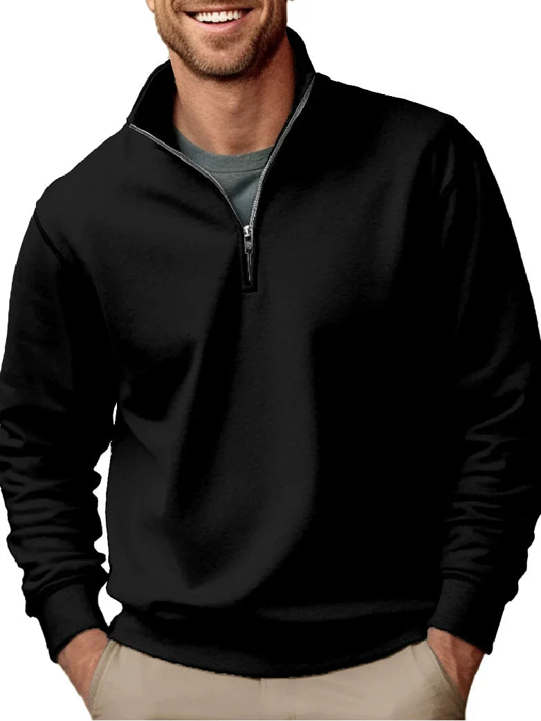 Men's regular fit fleece quarter-zip sweatshirt with stand collar and ribbed hem, casual winter style