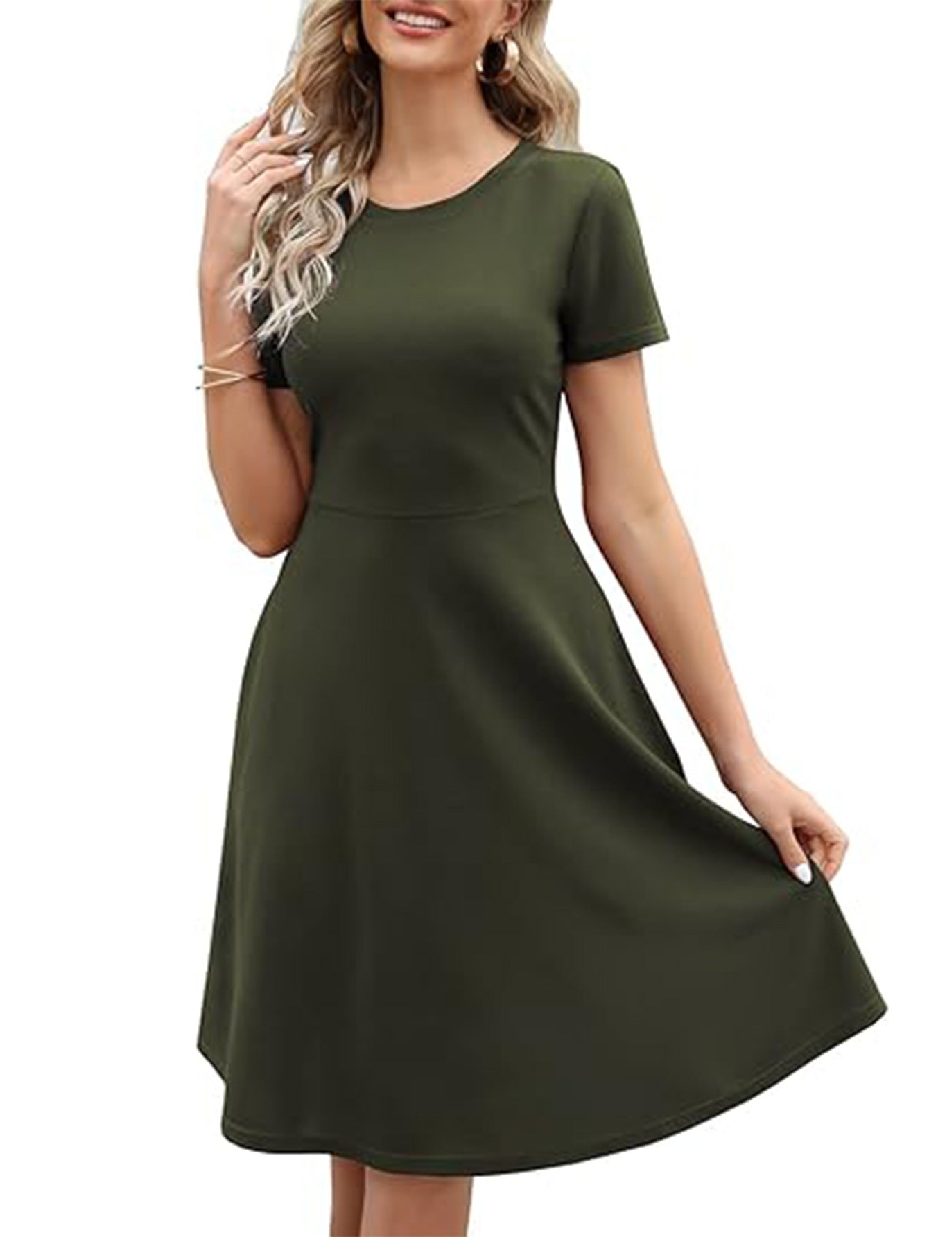 Women's black fit-and-flare knee-length dress with short sleeves and classic round neck