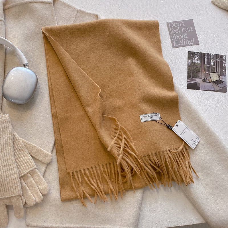 Soft plain tassel scarf shawl wrap in neutral tone, cozy elegant layering piece
