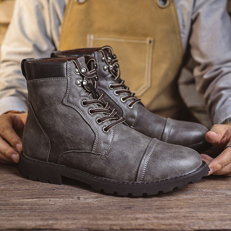 Men's brown leather ankle boots lace-up style reinforced toe and padded collar for rugged wear