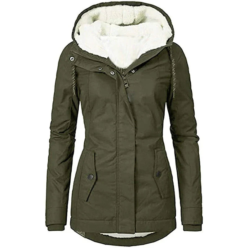 Women's hooded parka coat semi-fitted mid-thigh length with plush lining, weather-resistant warm outerwear