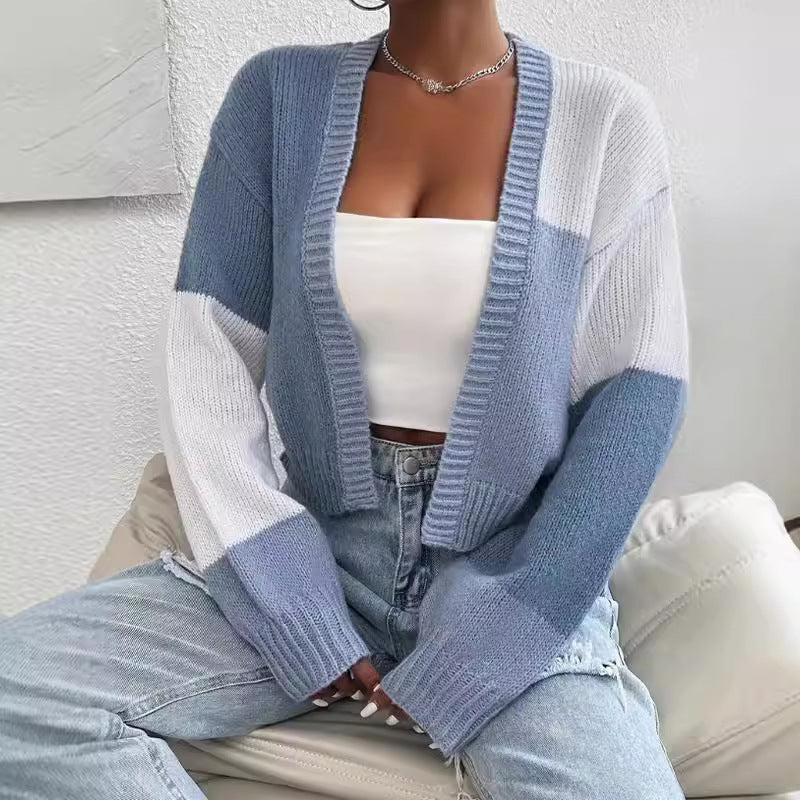 Women's short-fit wool blend knit cardigan V-neck block pattern casual dressy layering piece