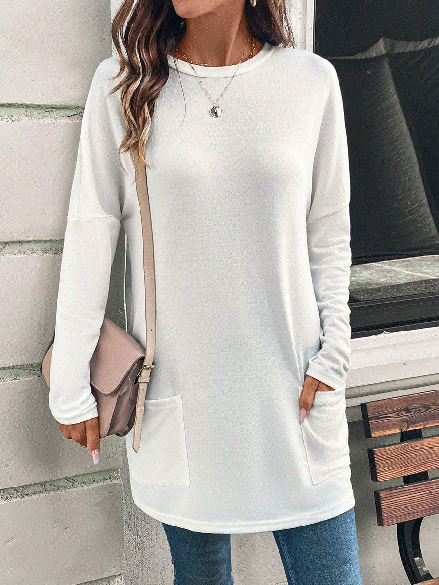 Women's relaxed fit tunic sweatshirt in cotton blend with round neck and functional hip pockets