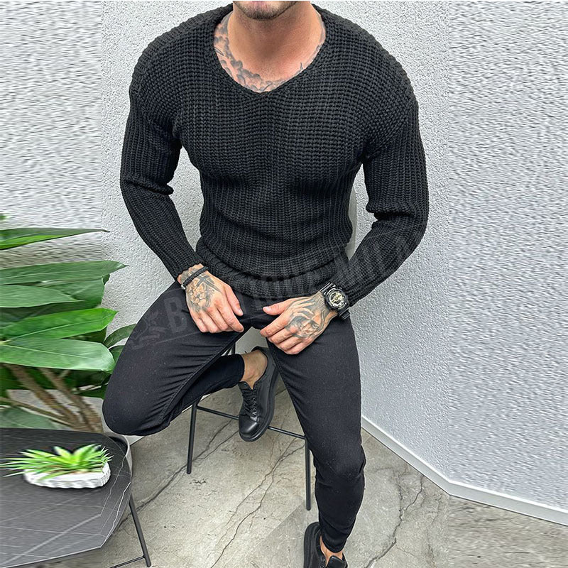 Men's slim fit heavy wool knit sweater round neck long sleeves casual winter Nordic style