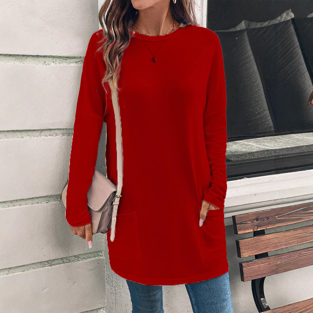 Women's relaxed fit tunic sweatshirt in cotton blend with round neck and functional hip pockets