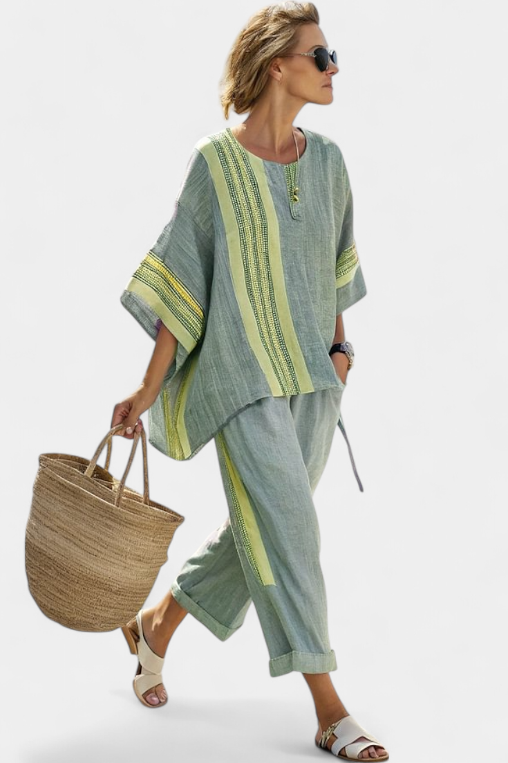 Lavender linen two-piece set oversized top tapered pants mustard woven stripe accent