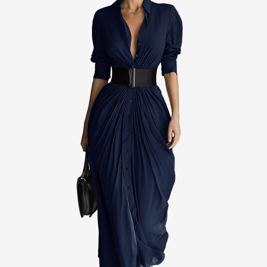 Waverly black long sleeve dress with tailored waist and flowing skirt silhouette
