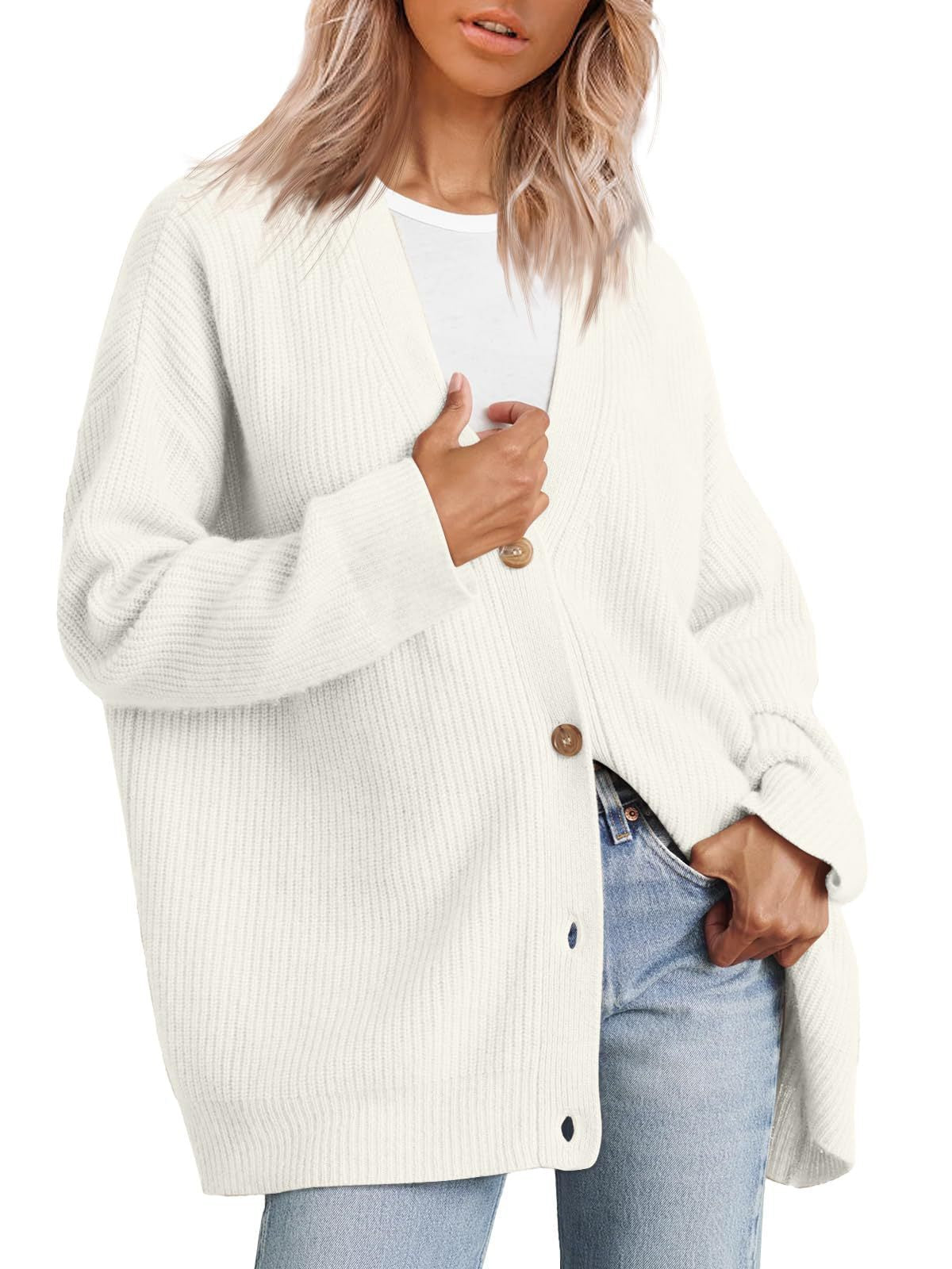 Oversized striped knit cardigan with V-neckline and classic button-down design for cozy layering