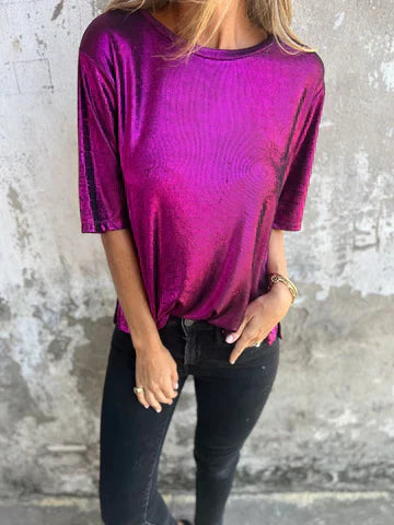 Women's relaxed fit short sleeve shimmer blouse in flowy lightweight fabric for effortless chic style