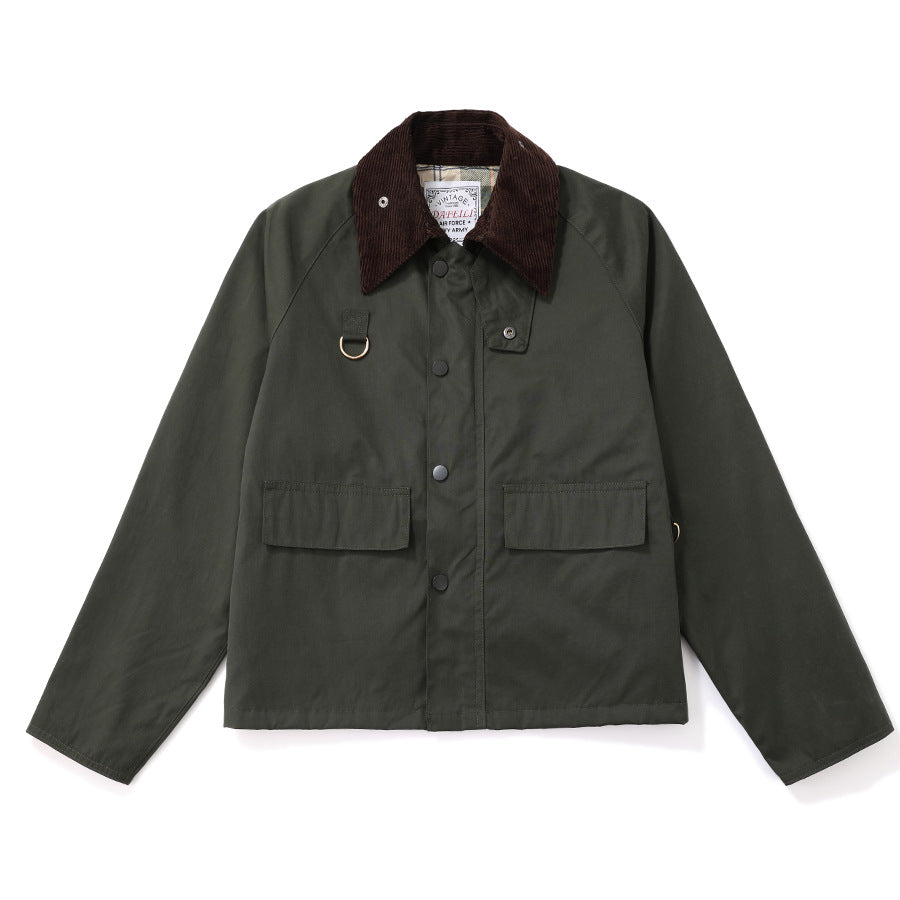 Women's field jacket with corduroy collar, snap button closure, front pockets, casual outdoor style