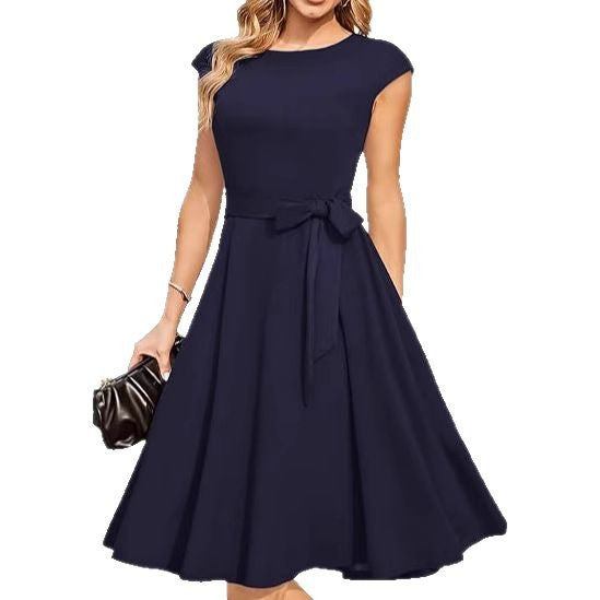 Wavlynn Elodie midi chic dress in fluid fabric, A-line silhouette with defining knot waist detail