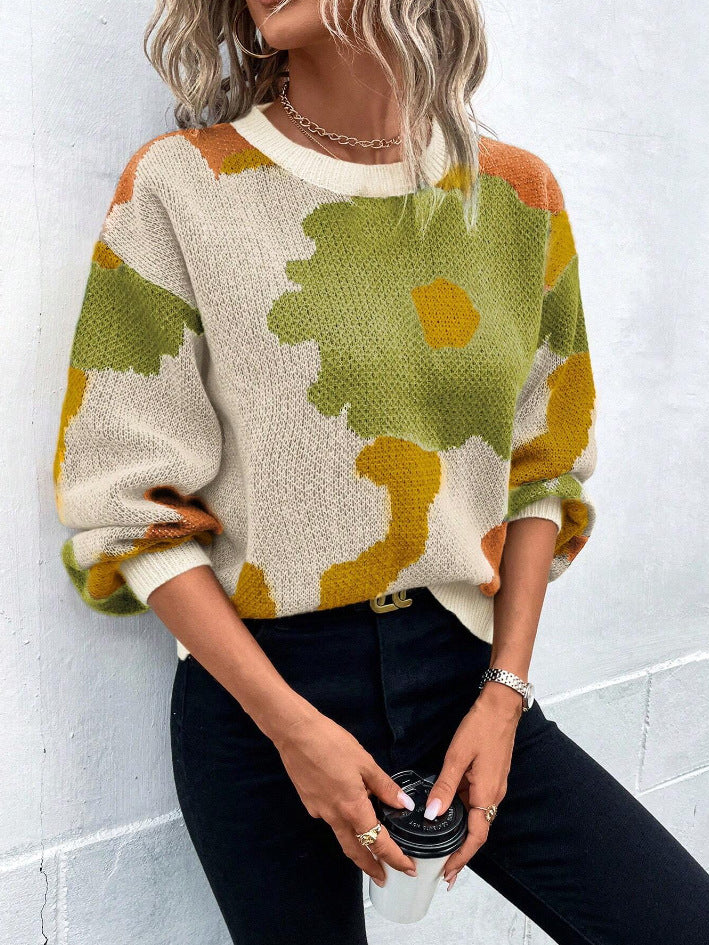 Vibrant floral print women's pullover sweater in multicolor with relaxed cozy fit and bold botanical pattern