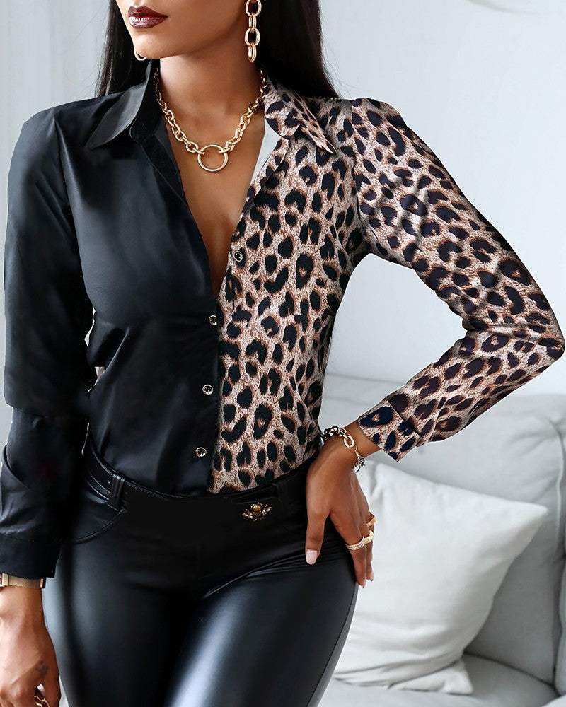 Women's long sleeve classic collar shirt with chain patterned print and button closure, elegant style