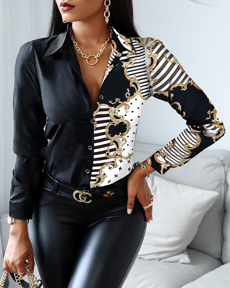 Women's long sleeve classic collar shirt in chain patterned print with button closure, elegant style