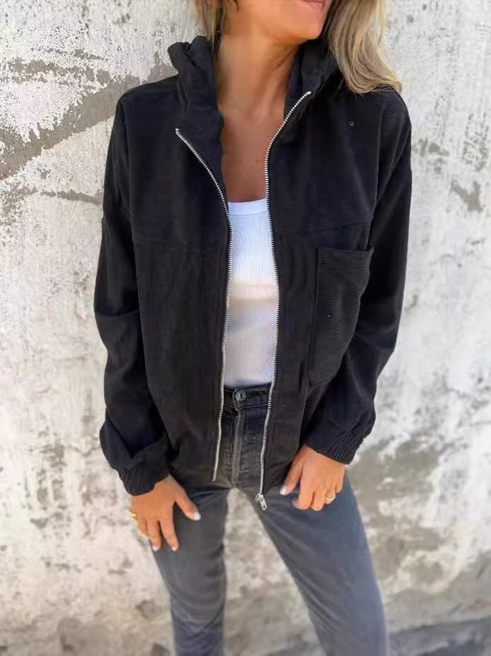 Women's brown corduroy hooded jacket relaxed fit zip front with elastic cuffs casual wear