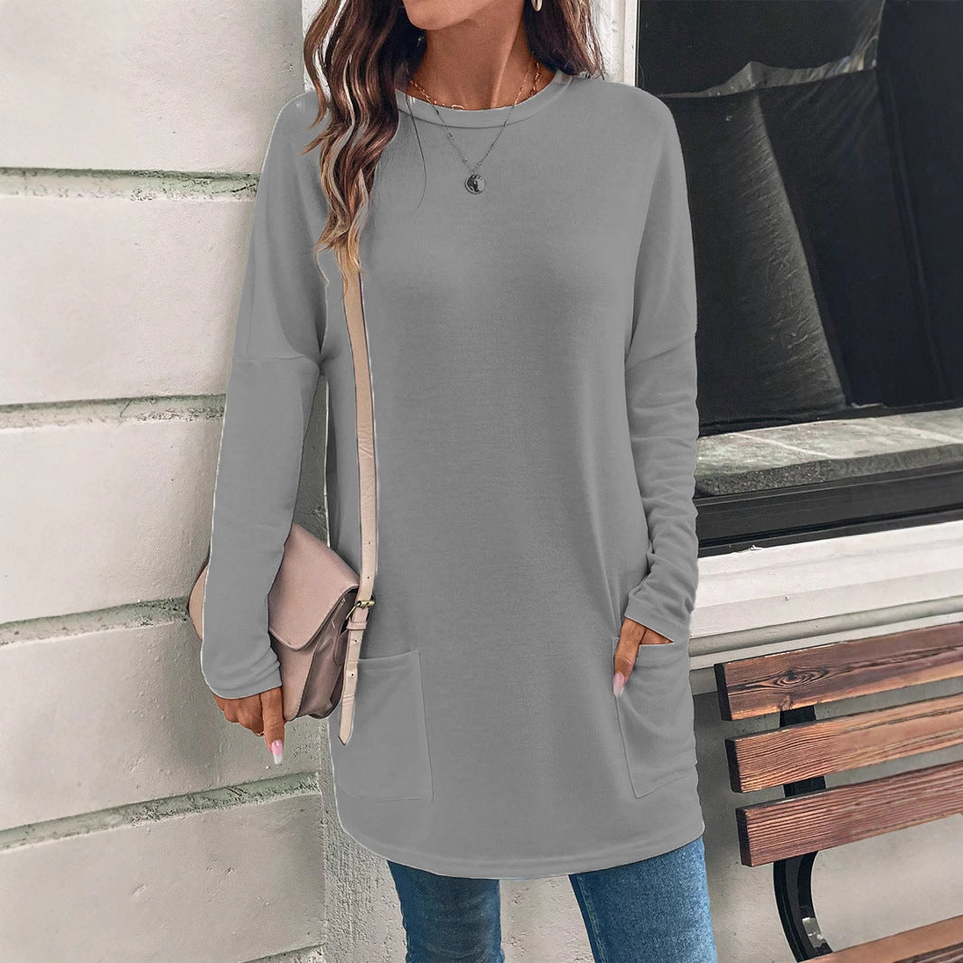 Women's relaxed fit tunic sweatshirt in cotton blend with round neck and hip pockets