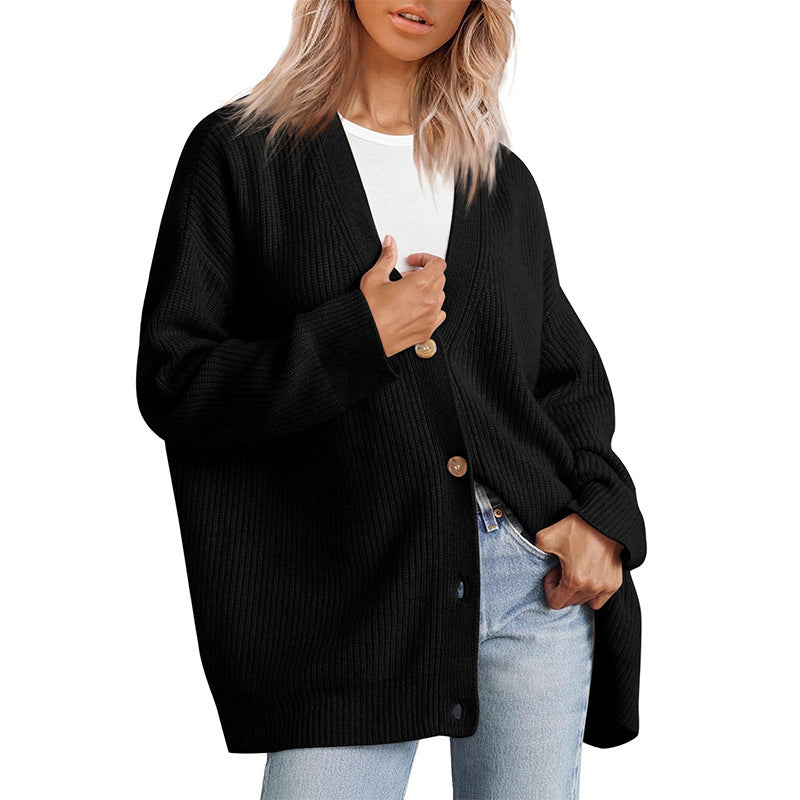 Striped knit cardigan oversized fit V-neckline button-down cozy layering piece for women