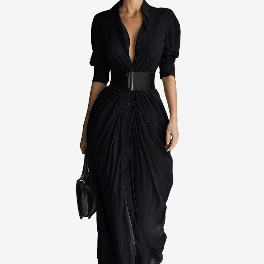 Waverly long sleeve dress in classic silhouette with tailored waist and flowing skirt