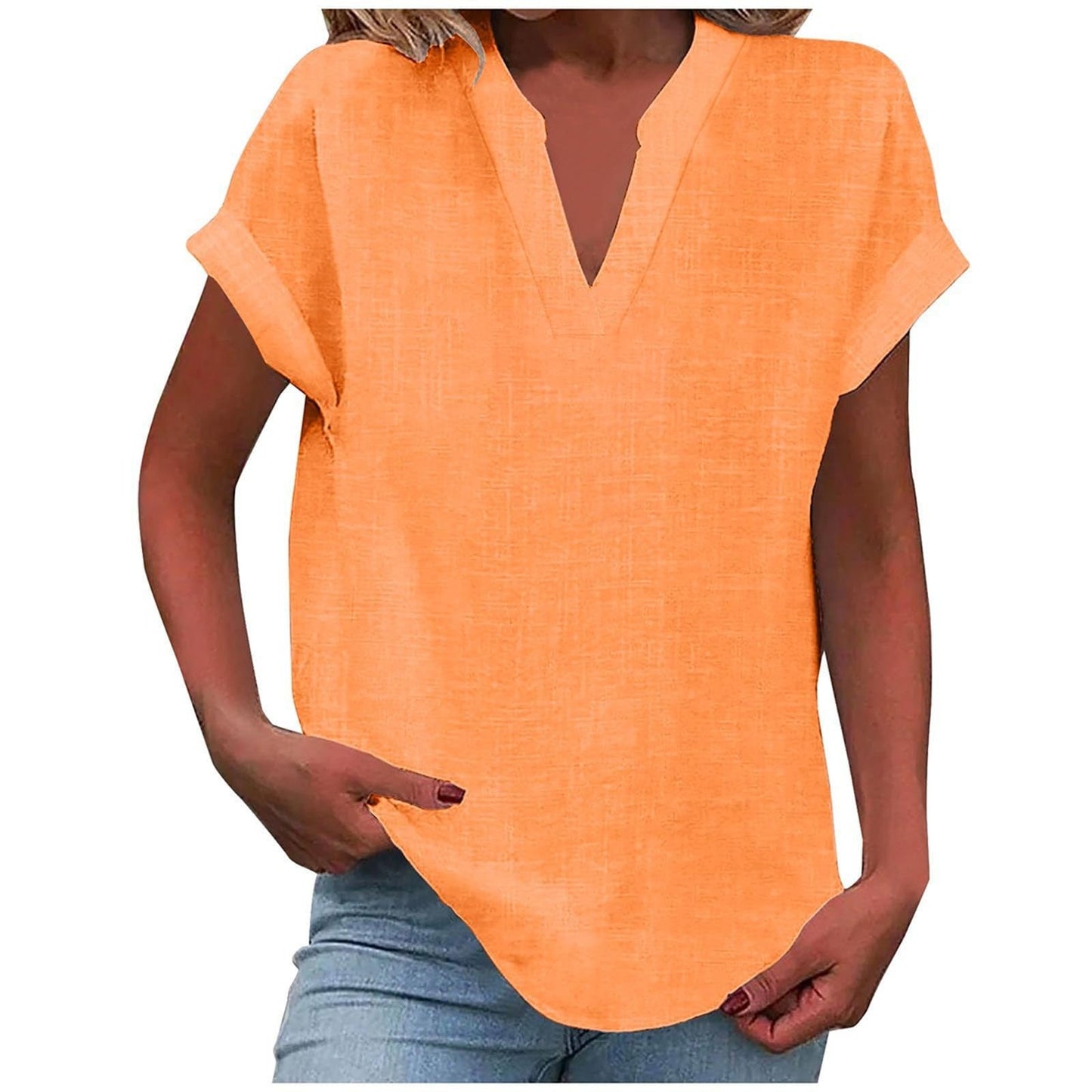 Relaxed ivory v-neck blouse with rolled short sleeves, smooth drape, and polished everyday silhouette