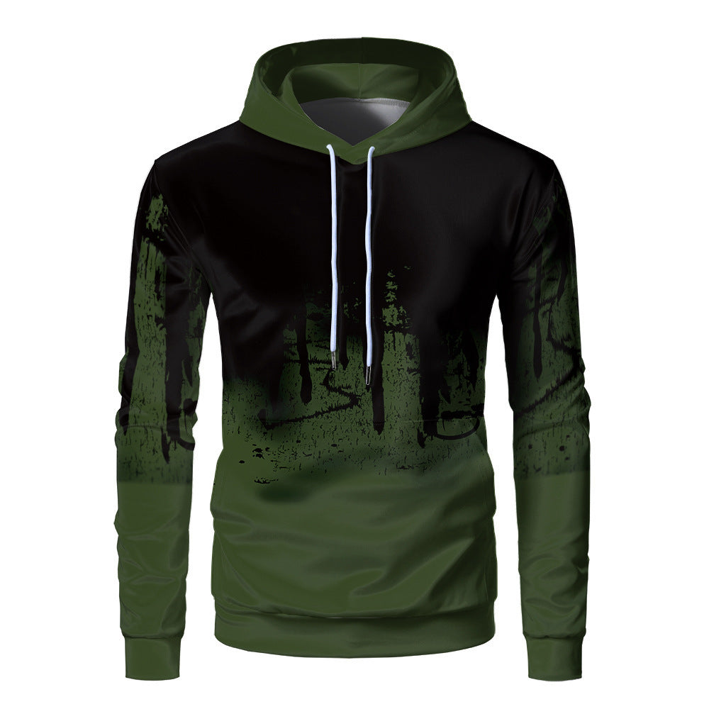 Men's loose fit hooded sweatshirt with bold 3D digital print and adjustable drawstring, casual fall wear