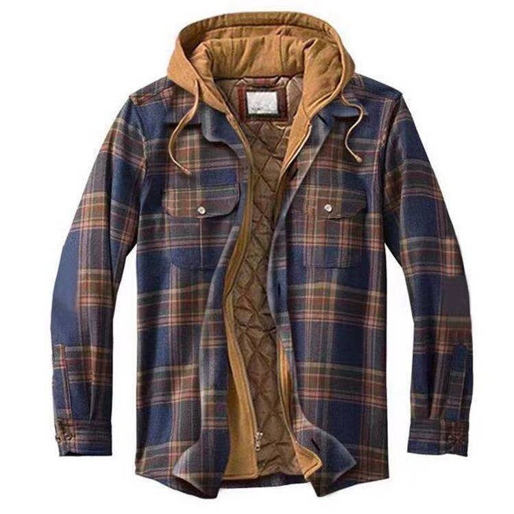 Men's plaid hooded jacket relaxed fit thick cotton quilted lining casual winter coat
