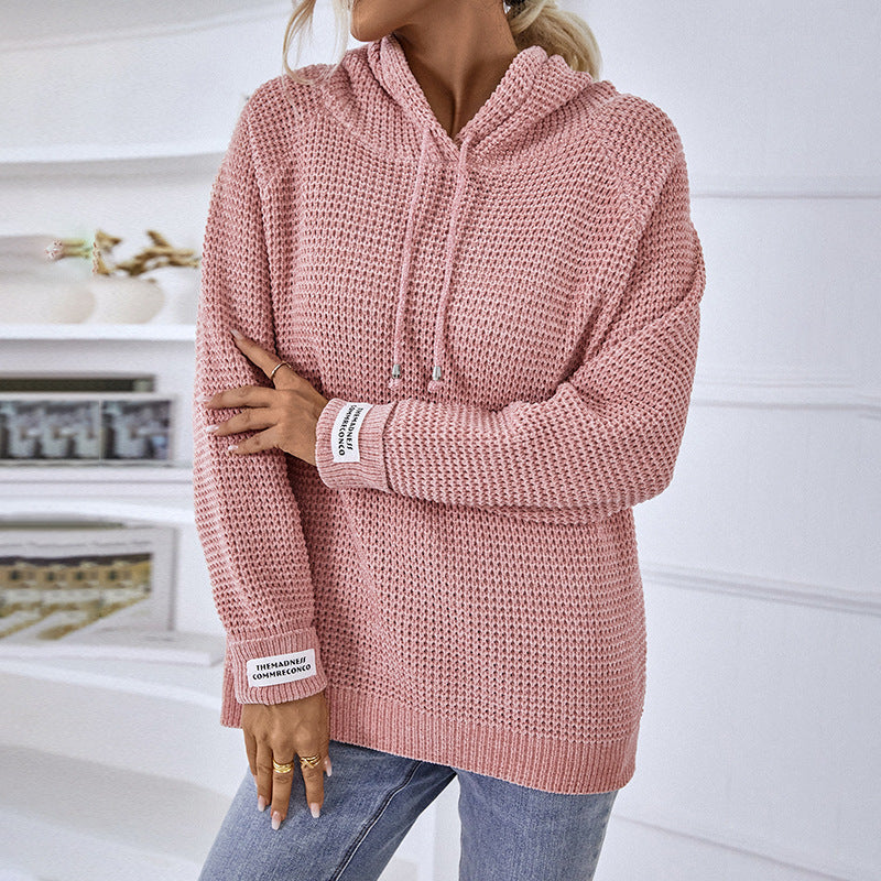Women's chenille knit pullover hoodie in neutral tone, ultra-soft plush cozy minimalist drawstring style