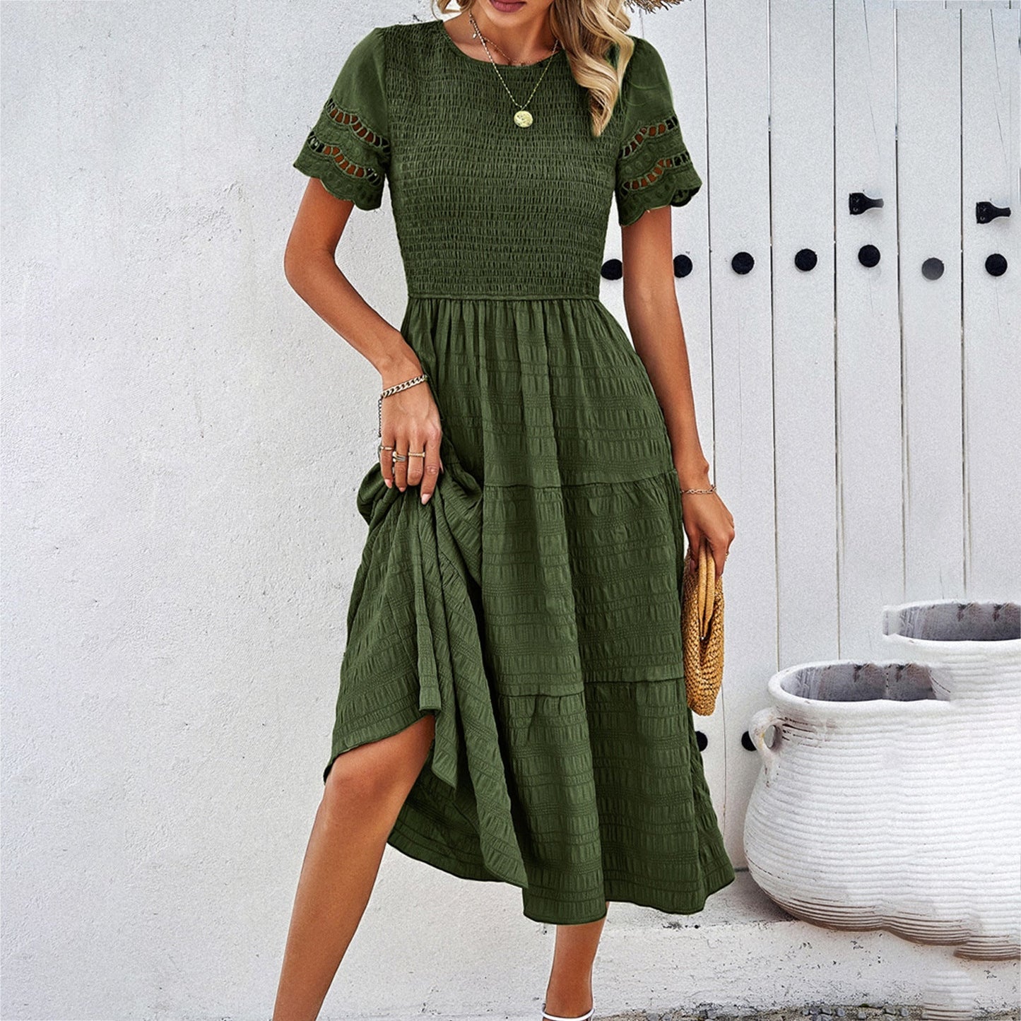 Floral cotton midi dress with smocked bodice, tiered skirt, cut-out short sleeves, loose fit
