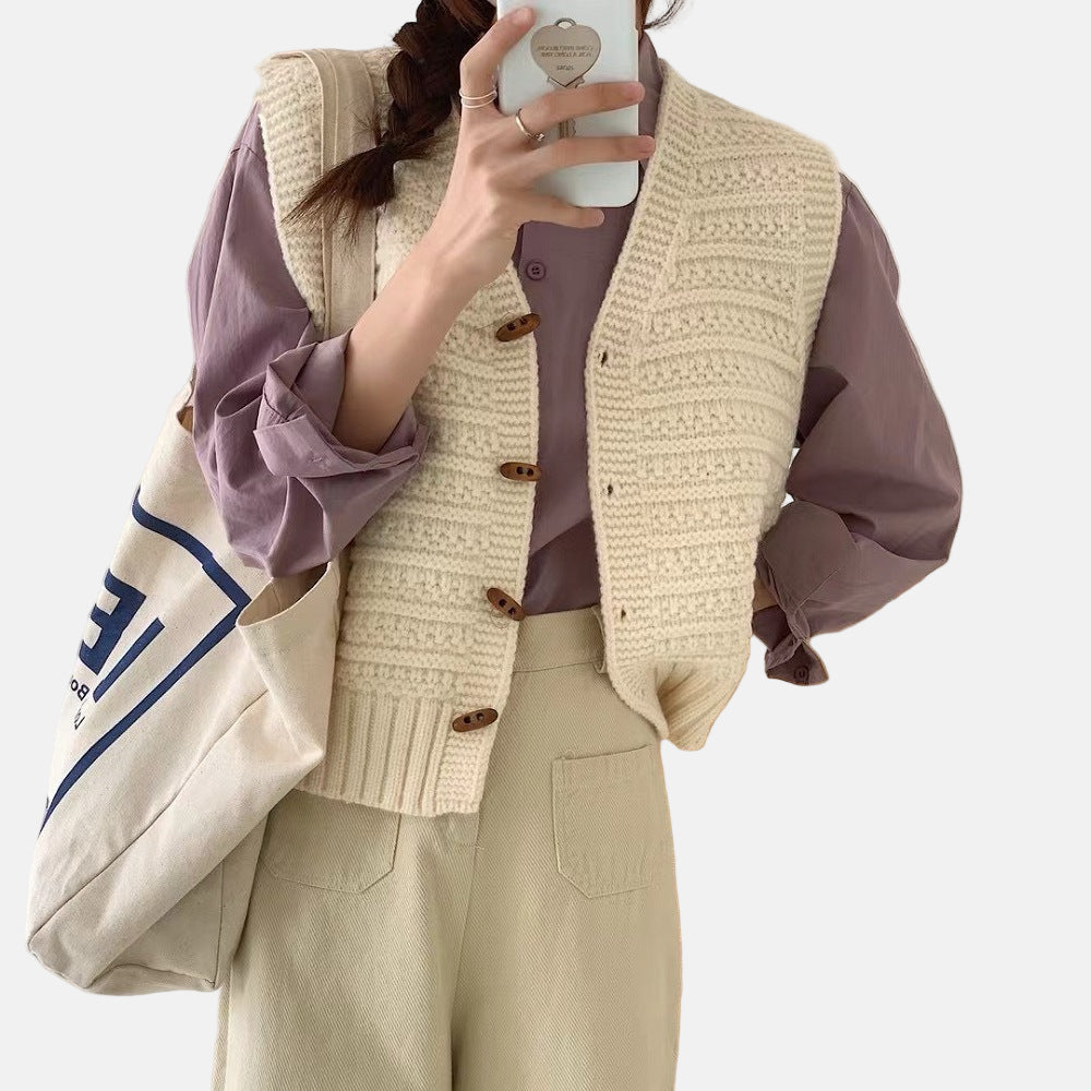 Women's knitted button-front vest V-neck cozy layering piece in textured acrylic blend knit