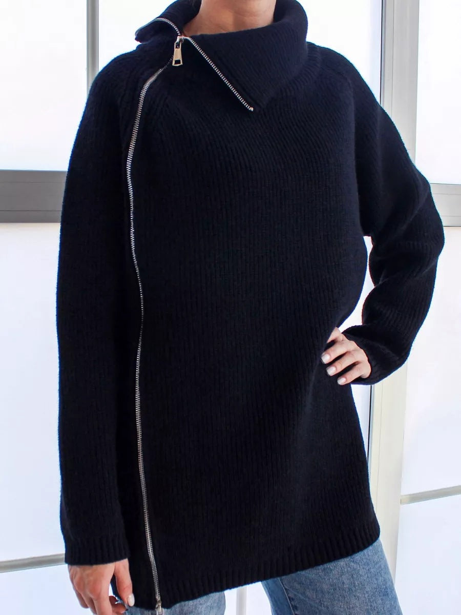 Women's oversized ribbed knit pullover sweater with asymmetrical zip and large collar