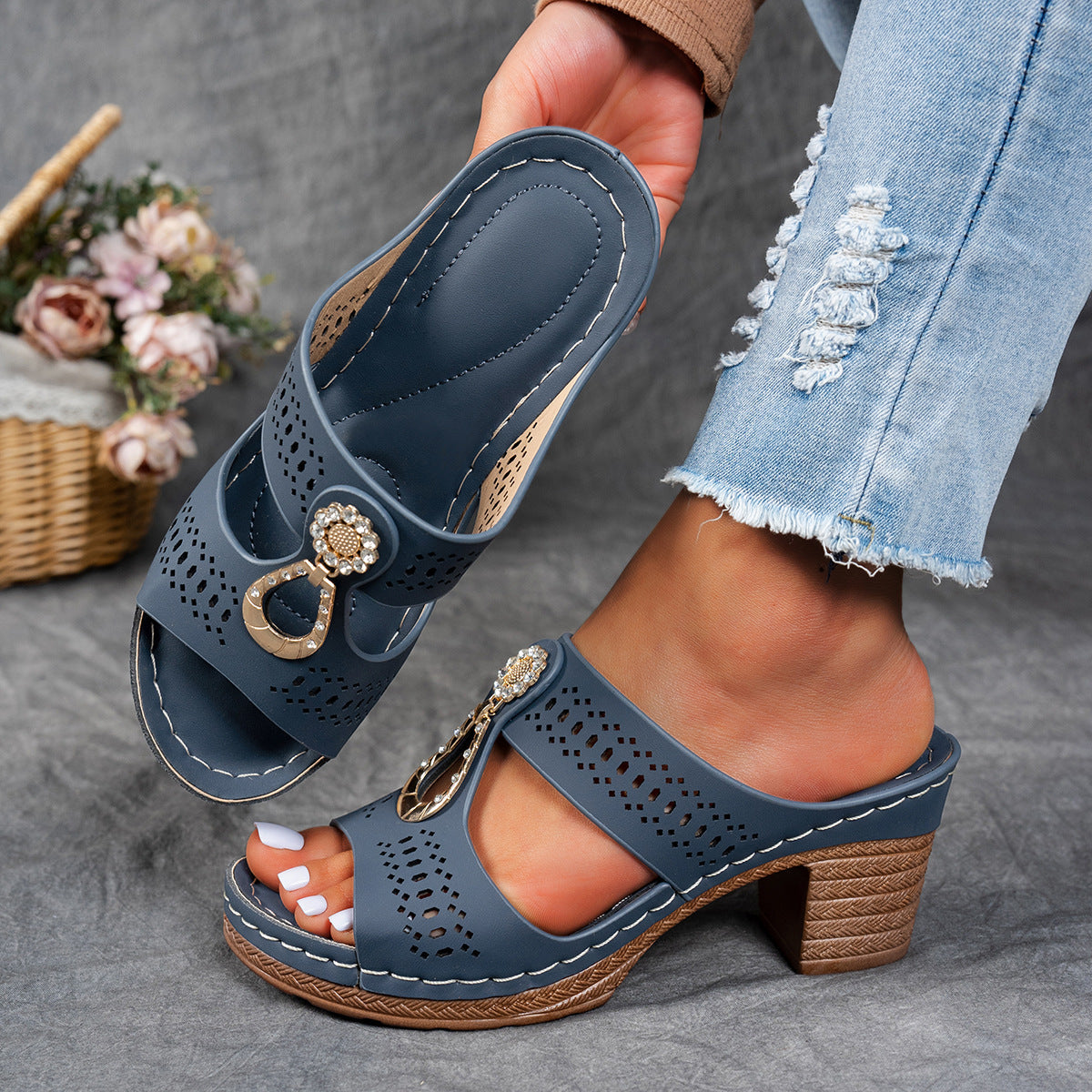 Women's comfort flat sandals with rhinestone embellishments in elegant sparkling design