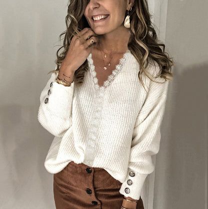 Women's relaxed fit ribbed knit pullover V-neck sweater with button cuff sleeves, cozy chic style