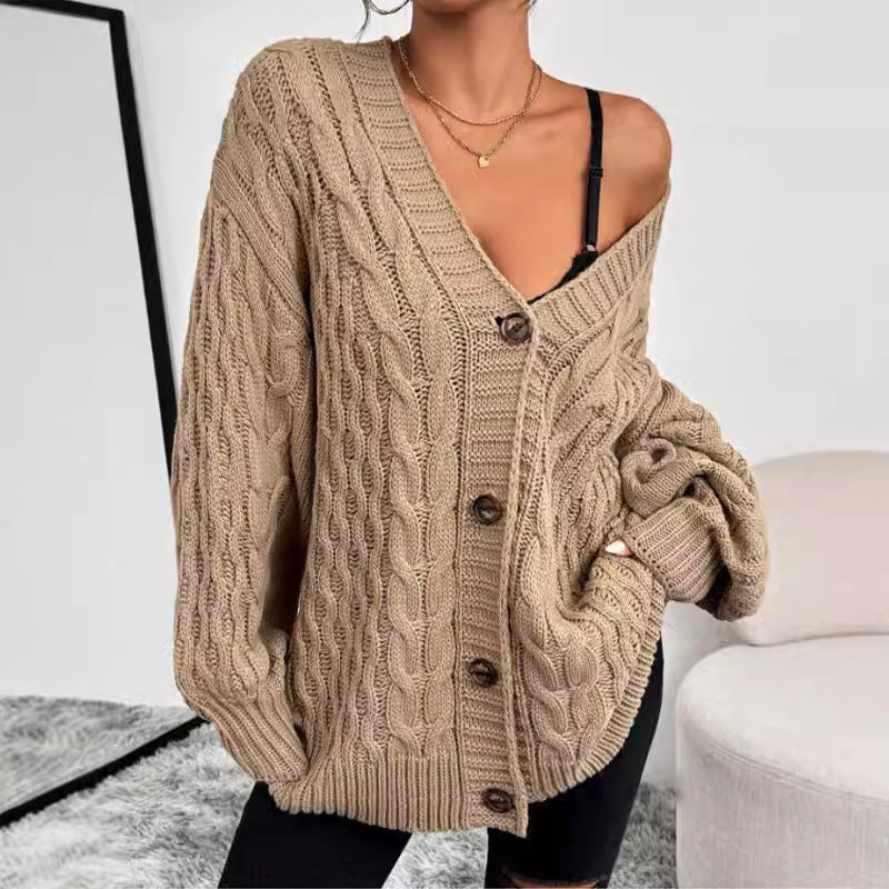 Women's oversized V-neck knit cardigan in cozy neutral tones with relaxed drape for effortless layering