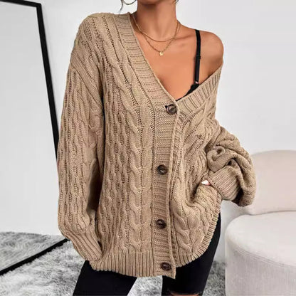 Women's oversized V-neck knit cardigan in cozy neutral tones with relaxed drape for effortless layering