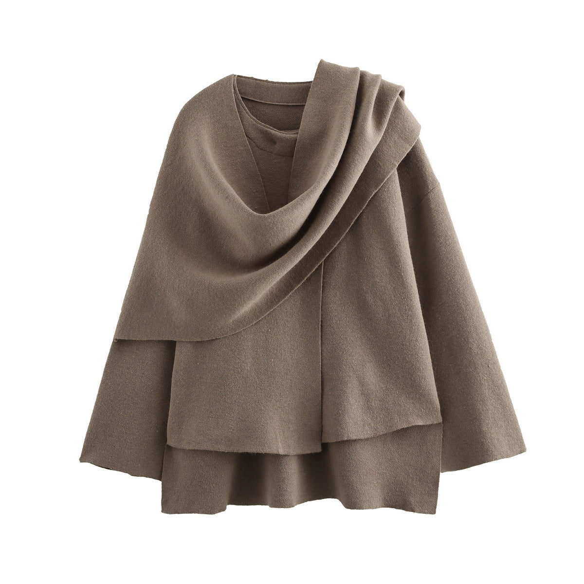 Women's oversized wool blend cape coat in neutral tone with draped cowl neck and open front