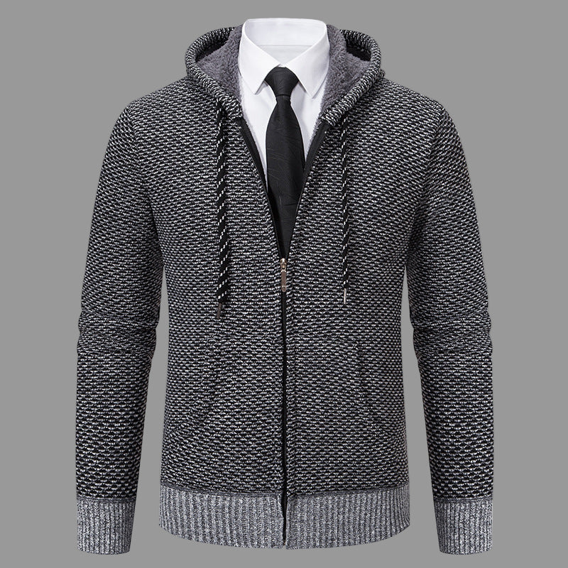 Men's heather knit hooded cardigan full-zip smart casual ribbed cuffs layering piece