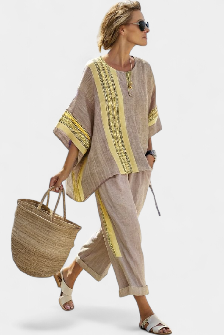 Lavender linen two-piece set oversized top tapered pants mustard woven stripe accent women