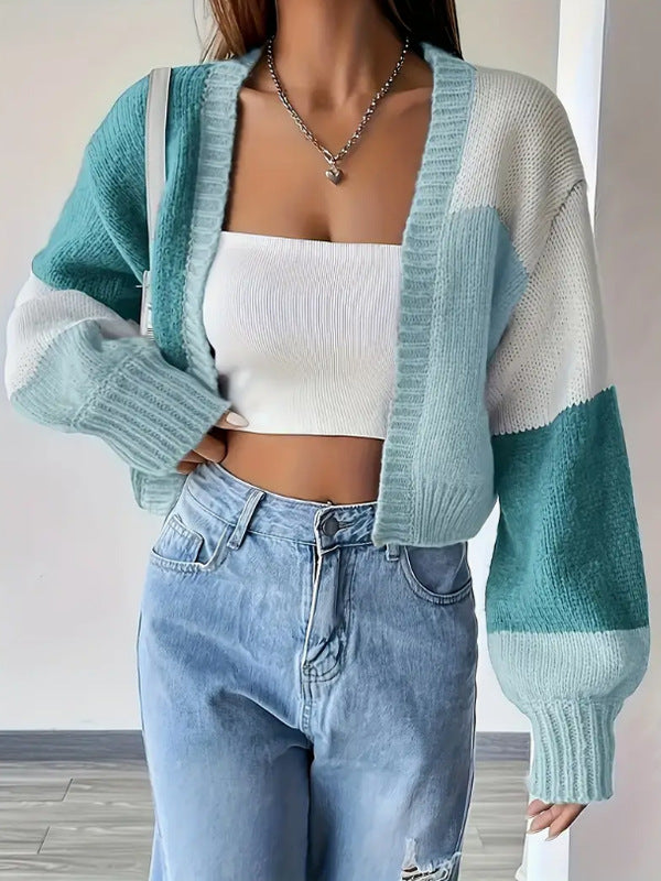 Women's short fit V-neck knit cardigan in block pattern wool blend, casual to dressy layering piece