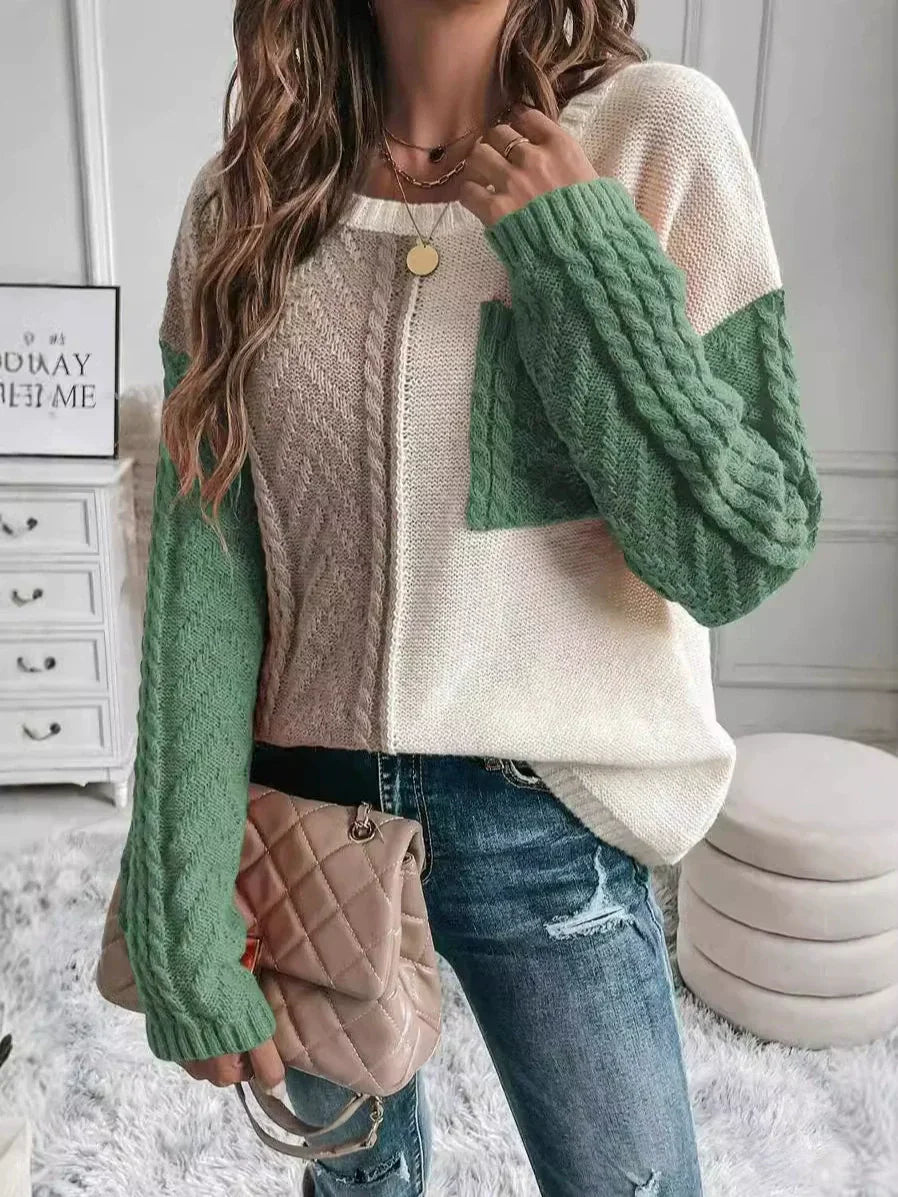 Women's relaxed fit wool knit pullover sweater with colorful patchwork pattern and chest pocket