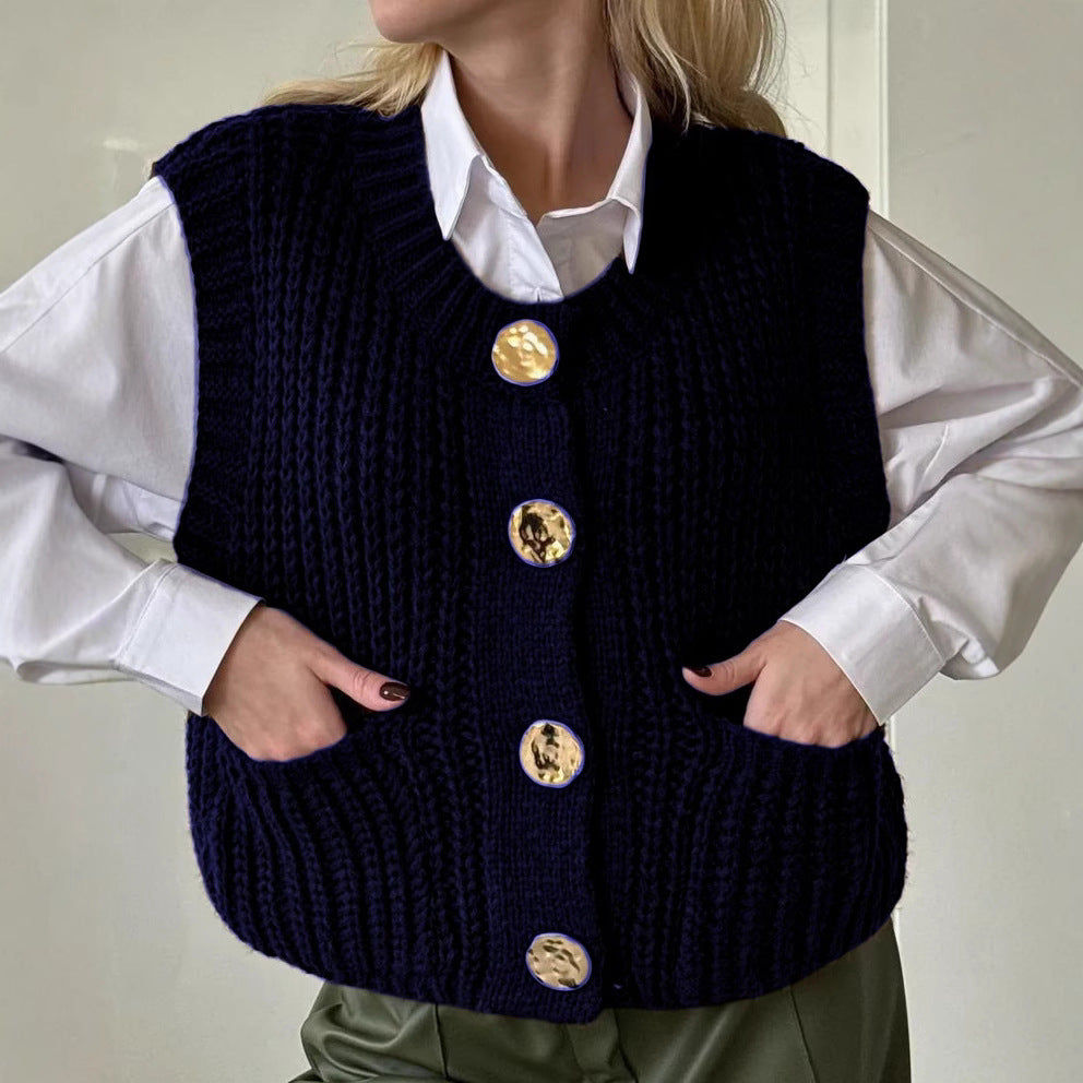 Women's oversized ribbed knit vest wool blend button-front with pockets in neutral tone
