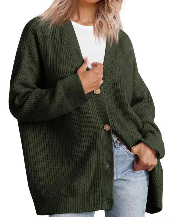 Striped knit cardigan oversized fit V-neckline classic button-down cozy layering piece for women