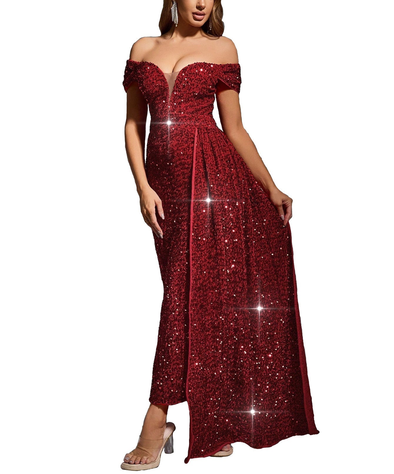 Rose sequin full-length evening gown off-shoulder sleeveless fitted formal dress